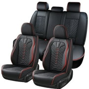 Coverado Black and Red Trim Car Seat Covers Full Set, Premium Leather Front and Rear Split Bench Cover, Automotive Seat Protectors Universal Fit for Most Cars, SUVs and Trucks