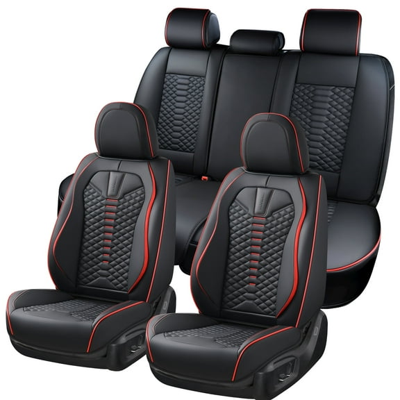 Coverado Black and Red Trim Car Seat Covers Full Set, Premium Leather Front and Rear Split Bench Cover, Automotive Seat Protectors Universal Fit for Most Cars, SUVs and Trucks