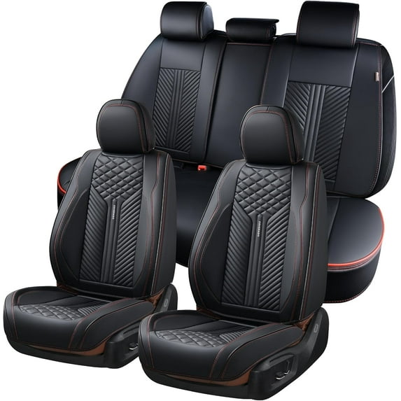 Coverado 5 Seats Full Set Car Seat Covers, Waterproof Premium Leather Auto Seat Protectors, Luxury Car Interior Universal Fit Most Sedan, SUVs and Pickup, Black with Red Trim