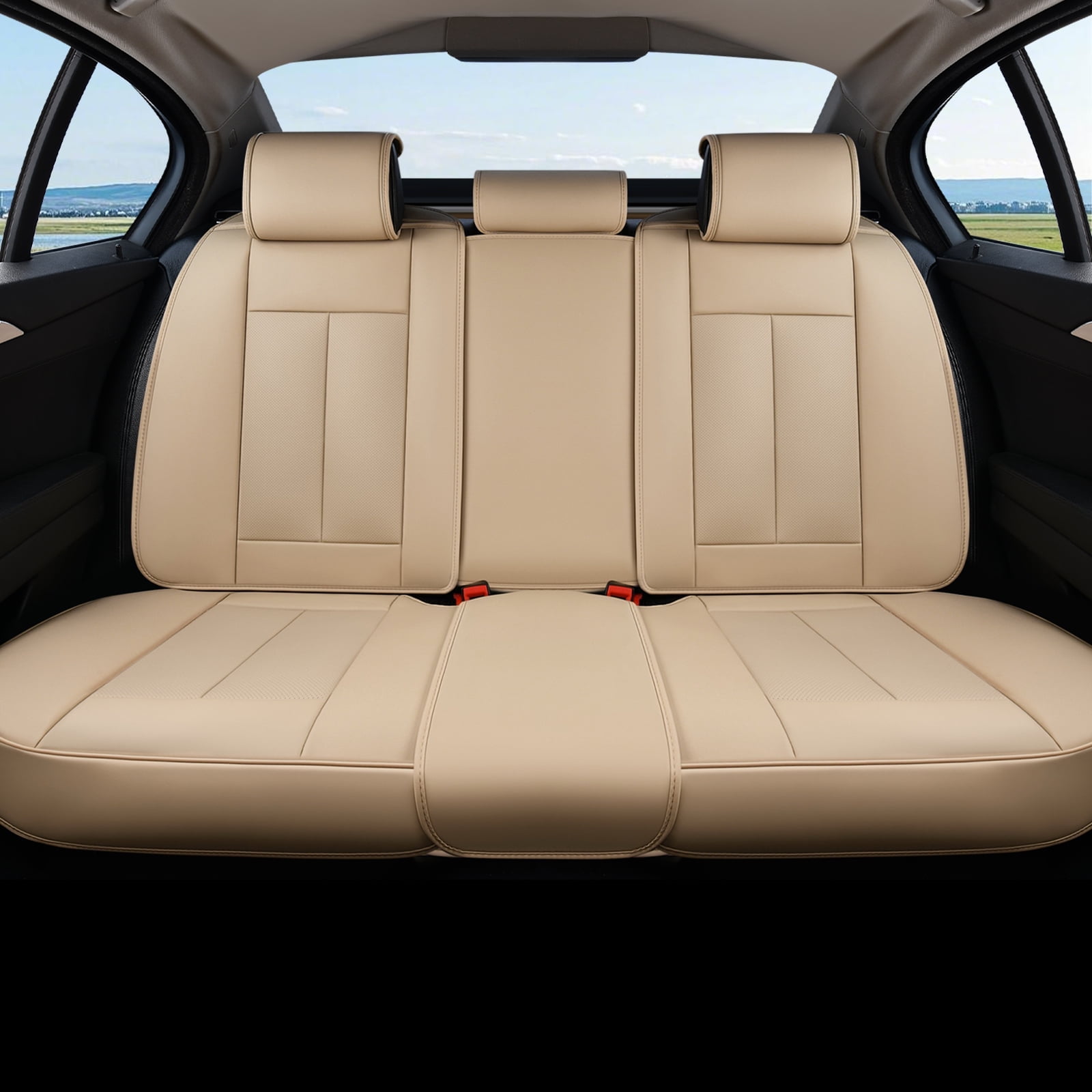 Coverado Beige Back Car Seat Covers Set, Premium Leather Rear Seat Covers Car Accessories, Waterproof Velcro-Adjusted Seat Protectors Universal Fit for Most Sedans SUV Pickup Truck