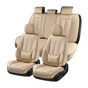 Coverado Beige Car Seat Covers Full Set, Waterproof Premium Leather Front and Back Seat Protectors, Luxury Auto Interior Accessories, Universal Fit Most Cars Se