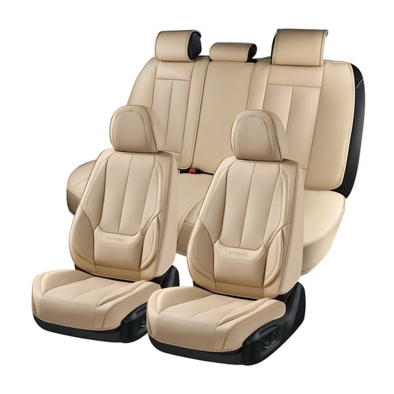 Coverado Beige Car Seat Covers Full Set, Waterproof Premium Leather Front and Back Seat Protectors, Luxury Auto Interior Accessories, Universal Fit Most Cars Sedan SUVs Pick-up Trucks