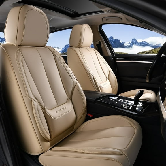 Coverado Beige Front Car Seat Covers, Stylish Waterproof Premium Leather Automotive Seat Protectors, Airbag Compatible Auto Interior Accessories Universal Fit for Most Cars SUV Pick-up Trucks