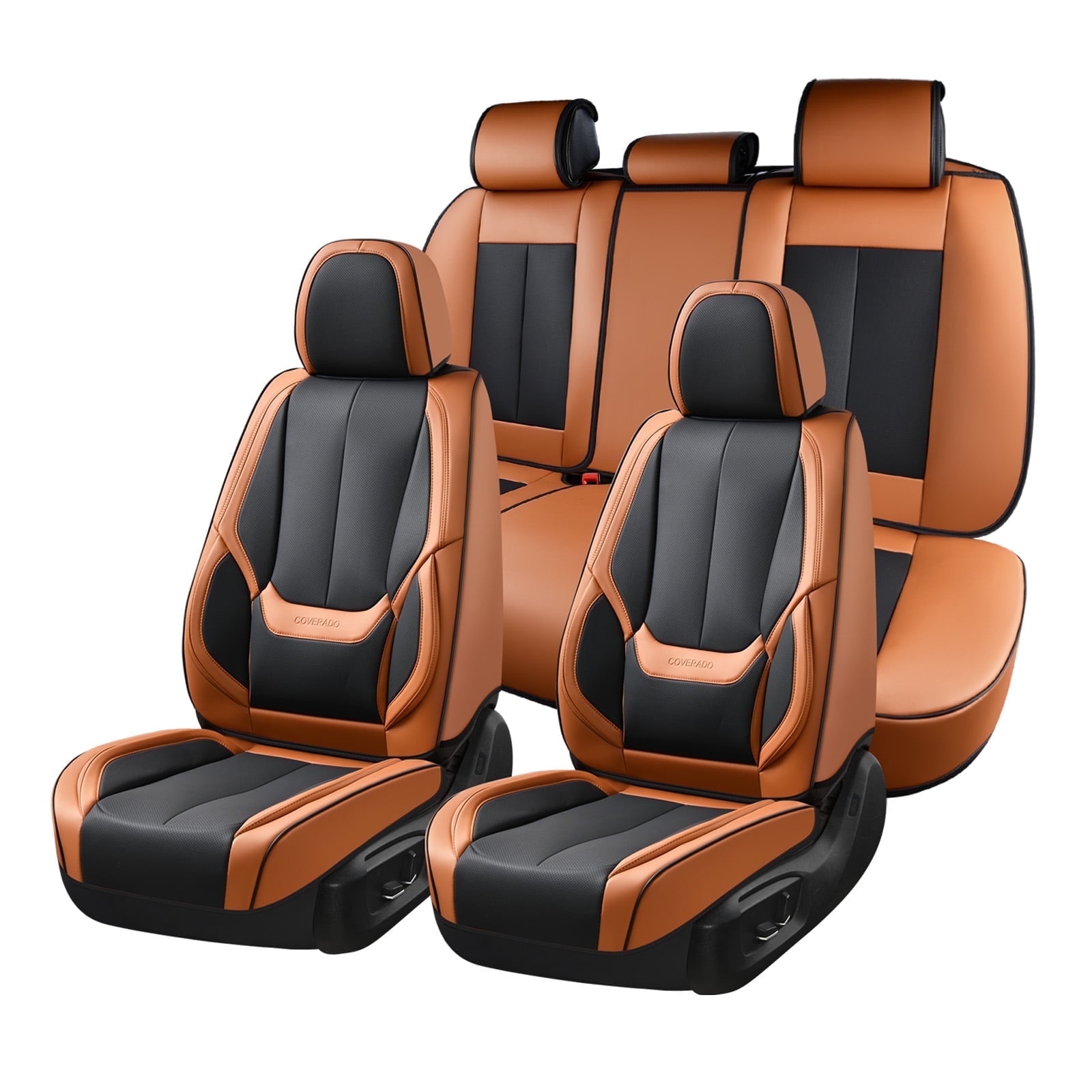 Coverado Black&Brown Car Seat Covers Full Set, Waterproof Premium Leather Front and Back Seat Protectors, Luxury Auto Interior Accessories, Universal Fit Most Cars Sedan SUVs Pick-up Trucks
