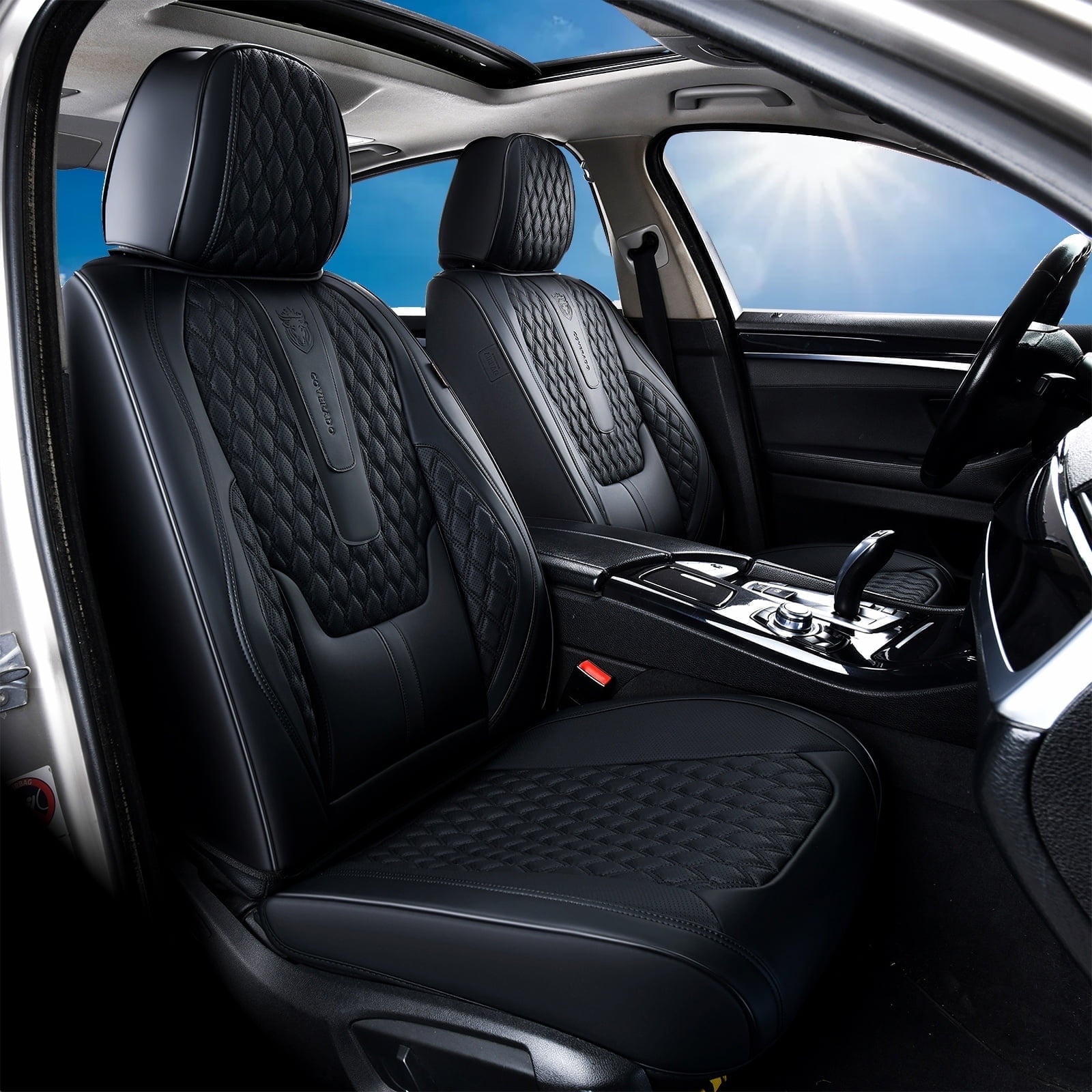 Coverado Black Car Seat Covers Front, Waterproof Faux Leather Auto Seat Protectors with Lumbar Support, Luxury Automotive Interior Accessories Universal Fit Most Cars SUV Trucks