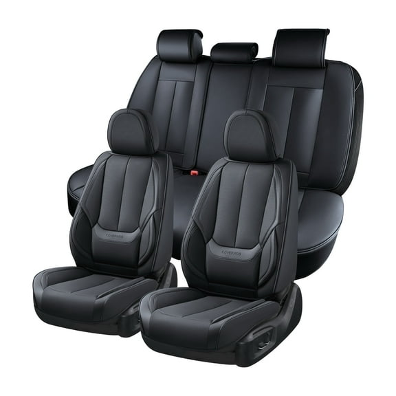 Coverado Black Car Seat Covers Full Set, Waterproof Premium Leather Front and Back Seat Protectors, Luxury Auto Interior Accessories, Universal Fit Most Cars Sedan SUVs Pick-up Trucks