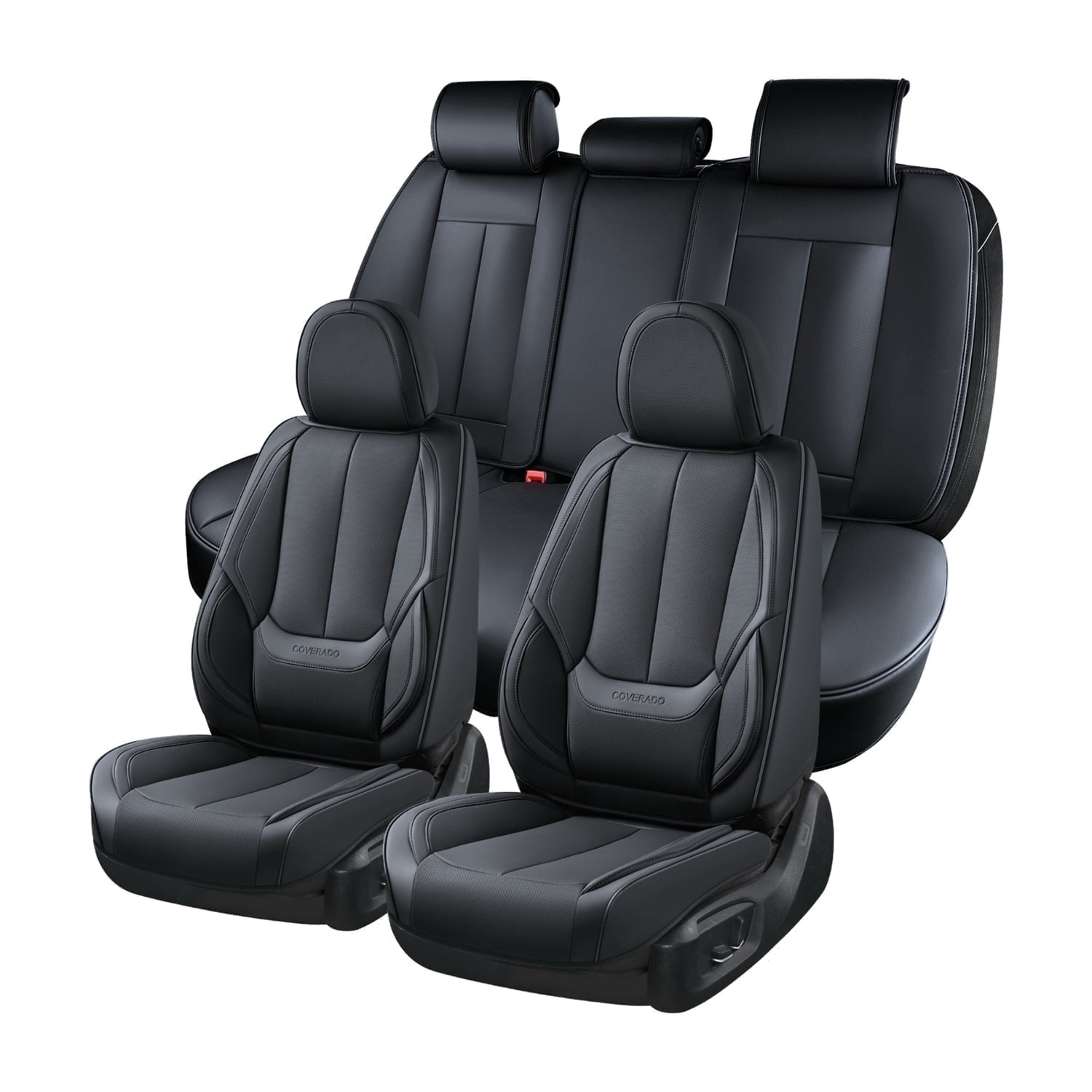 Coverado Black Car Seat Covers Full Set, Waterproof Premium Leather Front and Back Seat Protectors, Luxury Auto Interior Accessories, Universal Fit Most Cars Sedan SUVs Pick-up Trucks