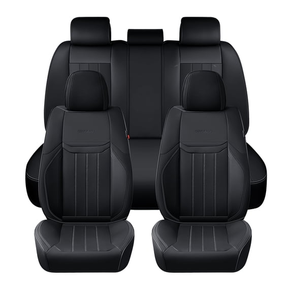 Coverado Black Car Seat Covers Full Set, Waterproof Premium Leather Front and Back Seat Protectors, Designer Auto Interior Accessories, Universal Fit Most Cars Sedan SUVs Pick-up Trucks