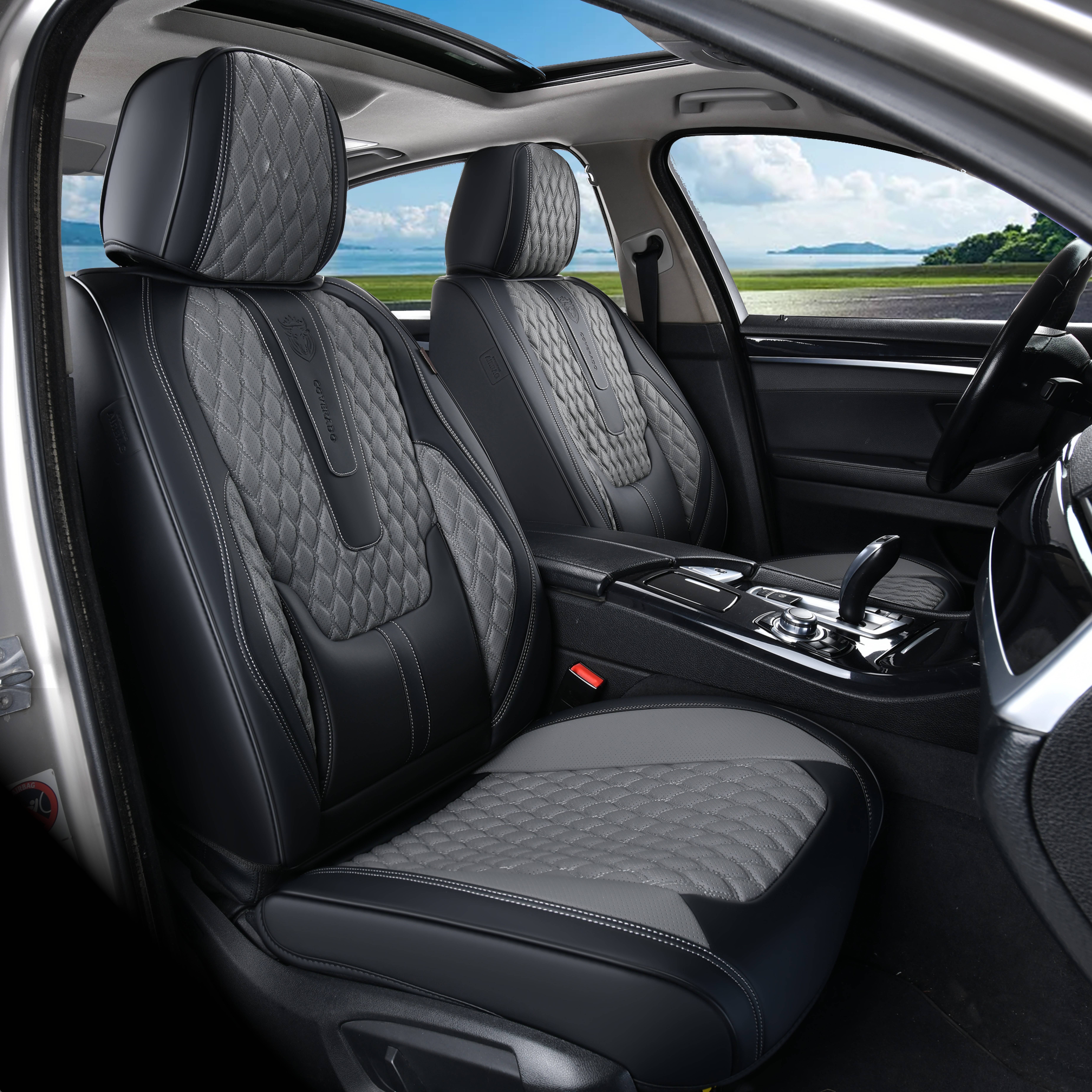 Coverado Black&Gray Car Seat Covers Front, Waterproof Faux Leather Auto Seat Protectors with Lumbar Support, Luxury Automotive Interior Accessories Universal Fit Most Cars SUV Trucks