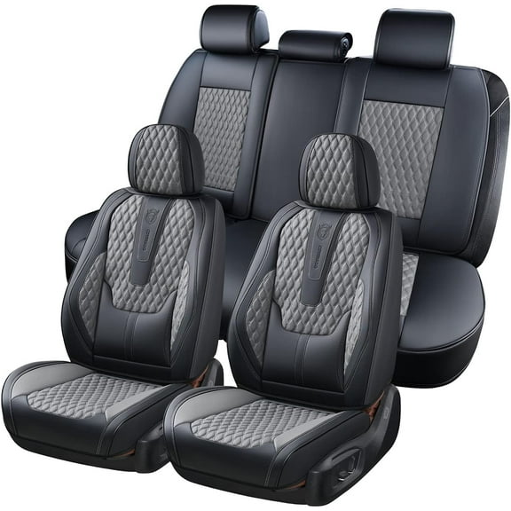 Coverado Black&Gray Car Seat Covers Full Set, Waterproof Faux Leather Auto Seat Protectors with Lumbar Support, Luxury Automotive Interior Accessories Universal Fit Most Cars SUV Trucks