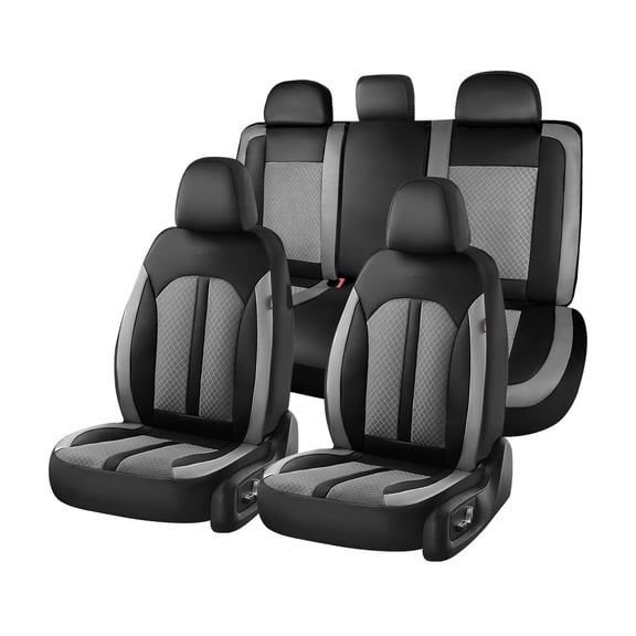 Coverado Leather Full Set Car Seat Cover, Universal Fit Automotive Seat Cover with Breathable Mesh for Car, SUV and Truck, Black & Gray