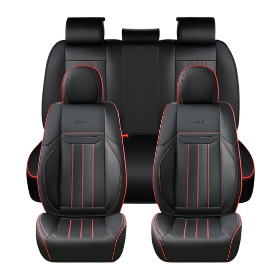 Coverado Black&Red Car Seat Covers Full Set, Waterproof Premium Leather Front and Back Seat Protectors, Designer Auto Interior Accessories, Universal Fit Most Cars Sedan SUVs Pick-up Trucks
