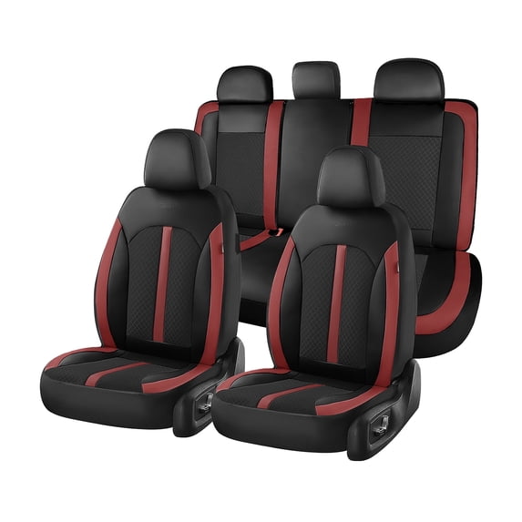 Coverado Leather Full Set Car Seat Cover, Universal Fit Automotive Seat Cover with Breathable Mesh for Car, SUV and Truck, Black & Red
