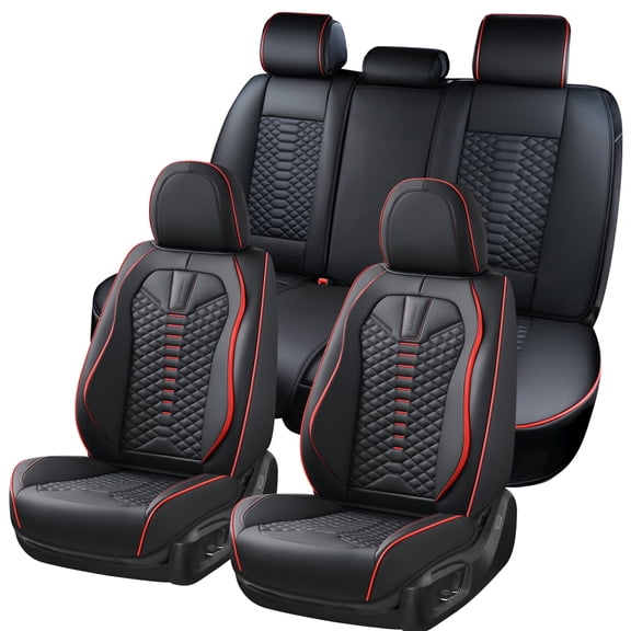 Coverado Black and Red Trim Car Seat Covers Full Set, Premium Leather Front and Rear Split Bench Cover, Automotive Seat Protectors Universal Fit for Most Cars, SUVs and Trucks