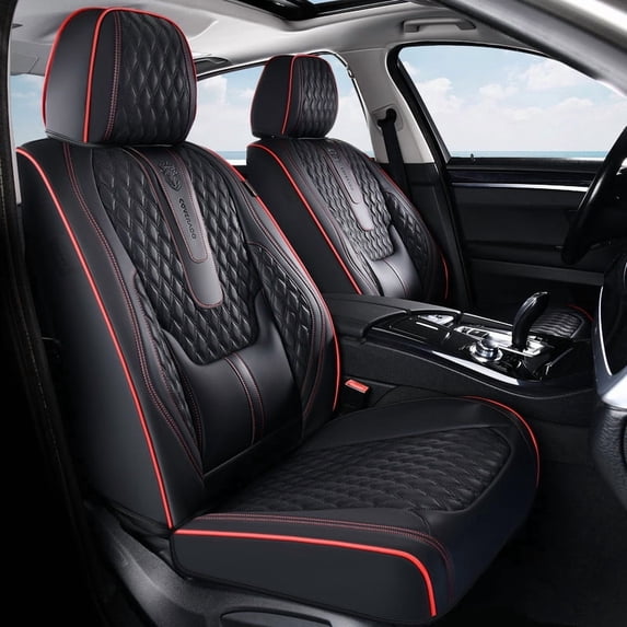 Coverado Black&RedLine Car Seat Covers Front, Waterproof Faux Leather Auto Seat Protectors with Lumbar Support, Luxury Automotive Interior Accessories Universal Fit Most Cars SUV Trucks