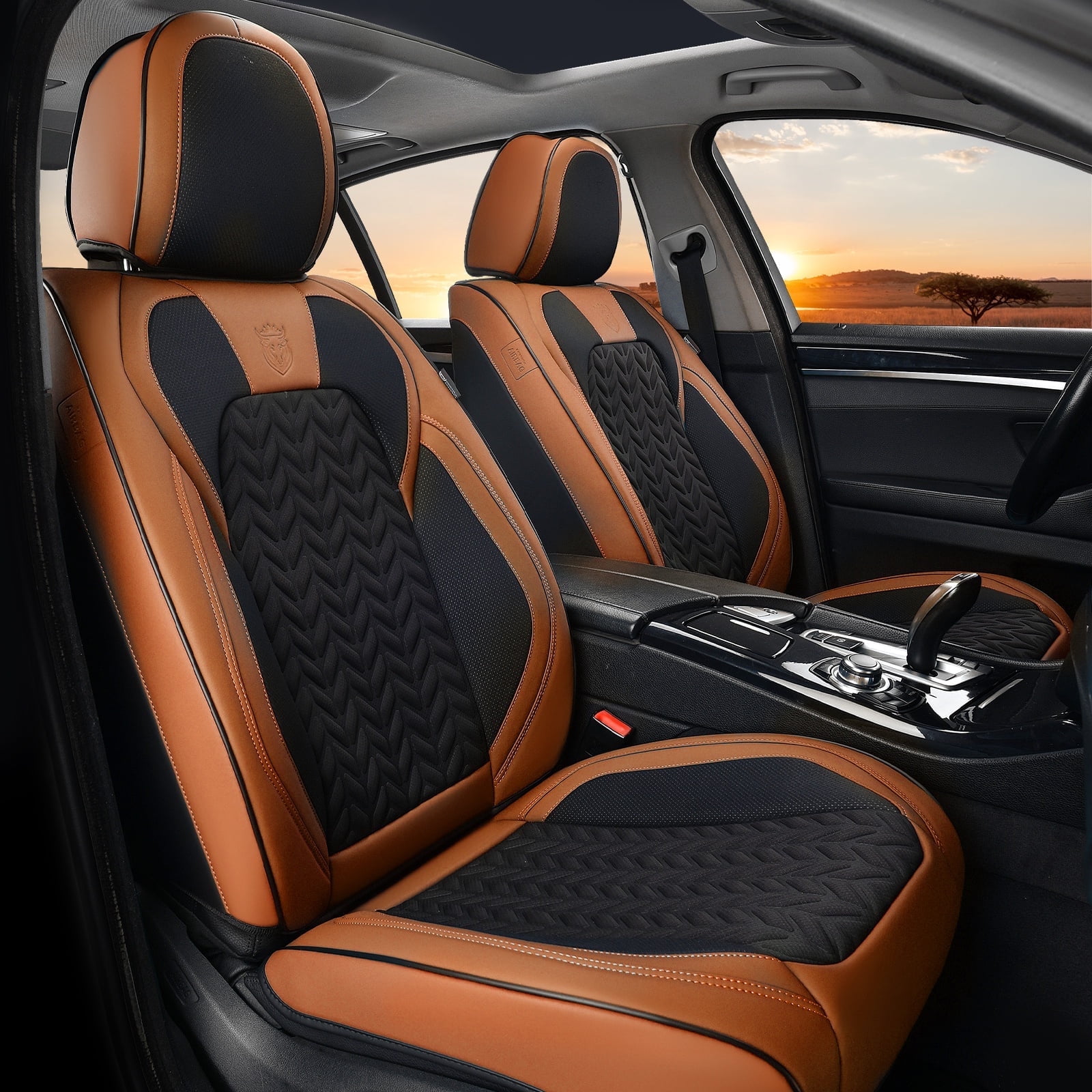 Coverado Black&Brown Car Seat Covers Full Set, Faux Leather Seat Protectors with Embossed Grains, Front and Back Auto Cushions Universal Fit Most Cars, Sedans, SUVs and Trucks