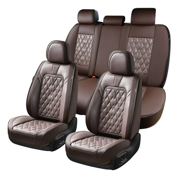 Coverado Brown Front and Back Car Seat Covers, Waterproof Fashion Faux Leather Seat Protectors, 5 Seats Auto Cushions Universal Fit for Most Cars Sedan SUVs Trucks