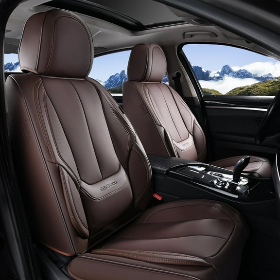 Coverado Brown Front Car Seat Covers, Stylish Waterproof Premium Leather Automotive Seat Protectors, Airbag Compatible Auto Interior Accessories Universal Fit for Most Cars SUV Pick-up Trucks