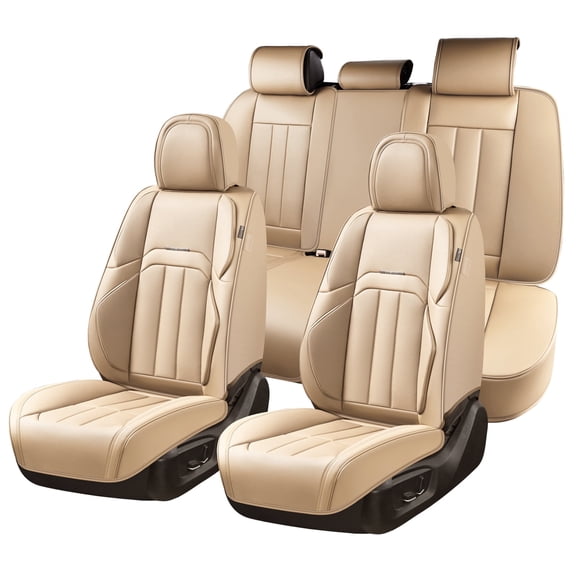 Coverado Car Seat Cover Full Set, Front and Back Premium Leather Seat Protectors, Modern Cushion Universal Fit for Most Cars, Beige