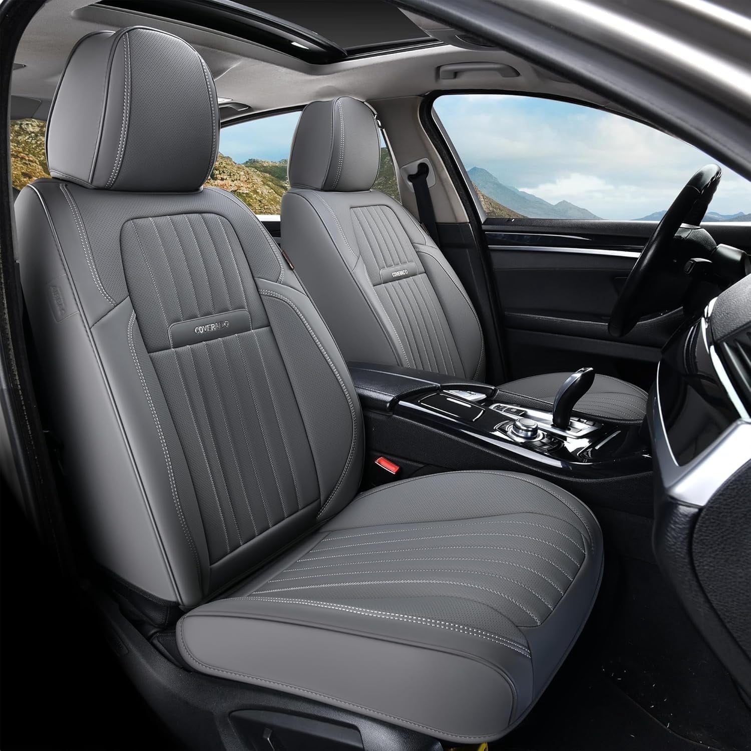 Coverado Car Seat Covers 2 Seats, Waterproof Faux Leather Front Seat Protectors, Auto Interior Cushions Universal Fit for Most Cars, Gray