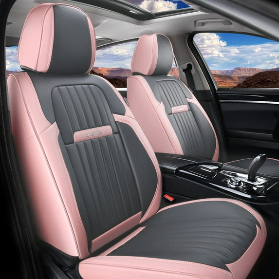 Coverado Car Seat Covers 2 Seats, Waterproof Faux Leather Front Seat Protectors, Auto Interior Cushions Universal Fit for Most Cars, Pink&Gray