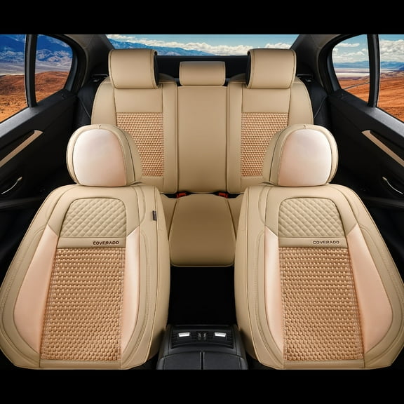 Coverado Car Seat Covers Beige, 5 Seats Breathable Faux Leather & Woven Fabric Seat Protectors Full Set, Universal Auto Cushions Fit Most Cars SUV Trucks