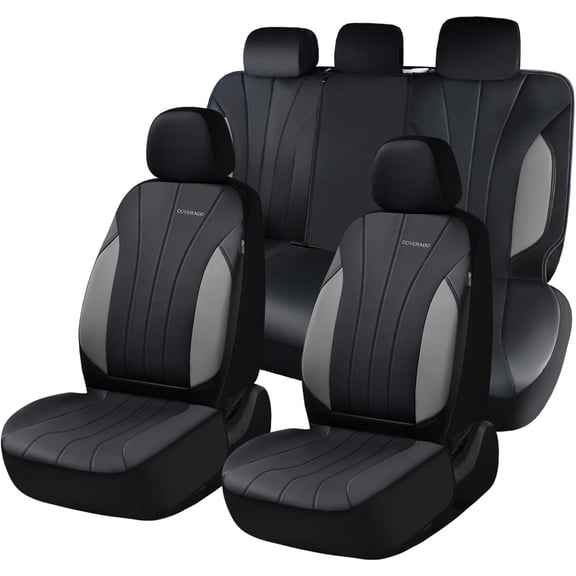Coverado Car Seat Covers Full Set, Airbag Compatible Faux Leather Seat Protectors, Automotive Cushions Universal Fit for Car SUV Sedan Truck, Black&Gray