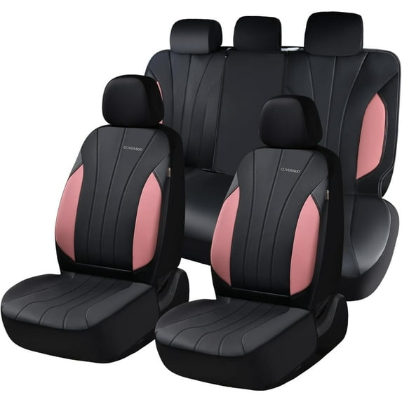 Coverado Car Seat Covers Full Set, Airbag Compatible Faux Leather Seat Protectors, Automotive Cushions Universal Fit for Car SUV Sedan Truck, Black&Pink