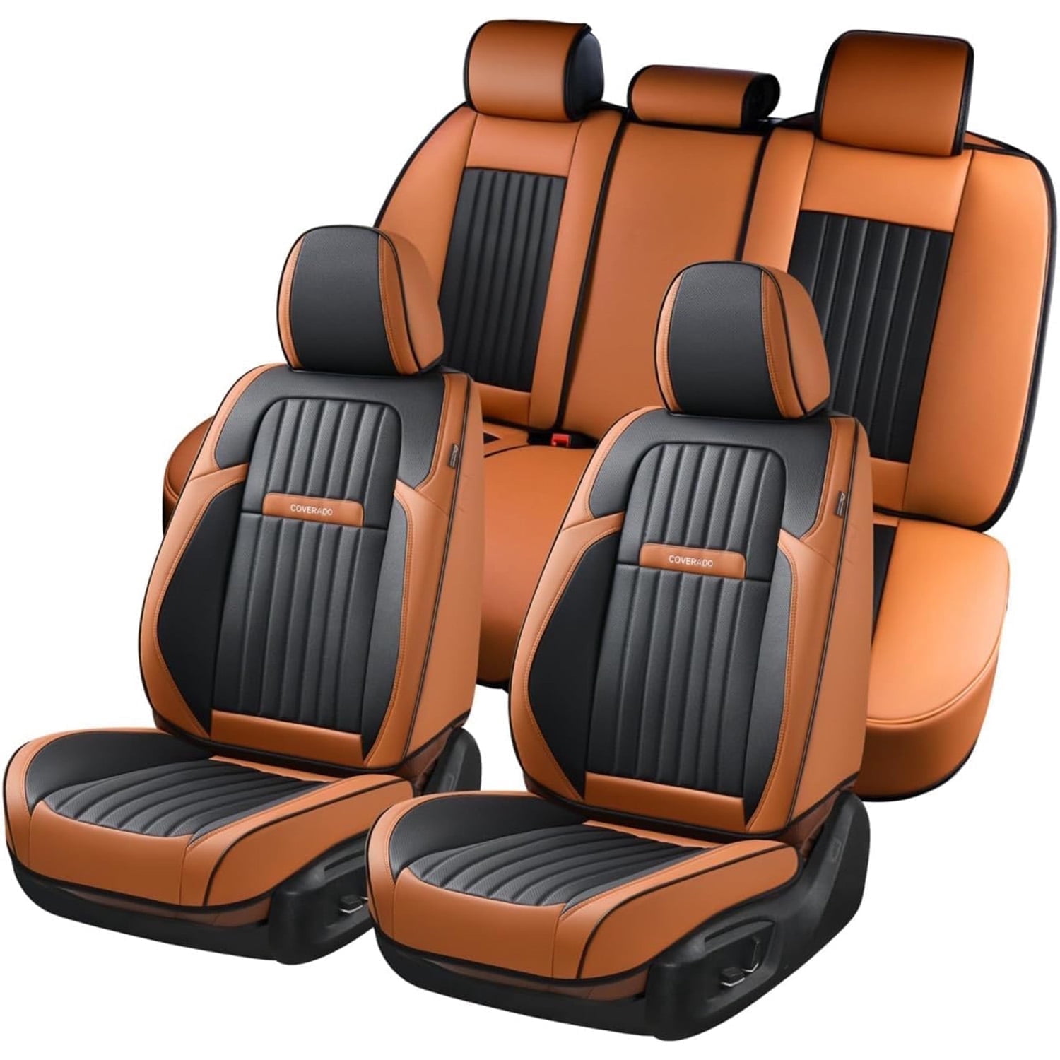 Coverado Car Seat Covers Full Set, Black&Brown Front and Rear Seat Protectors, Waterproof Faux Leather Universal Fit for Most Cars