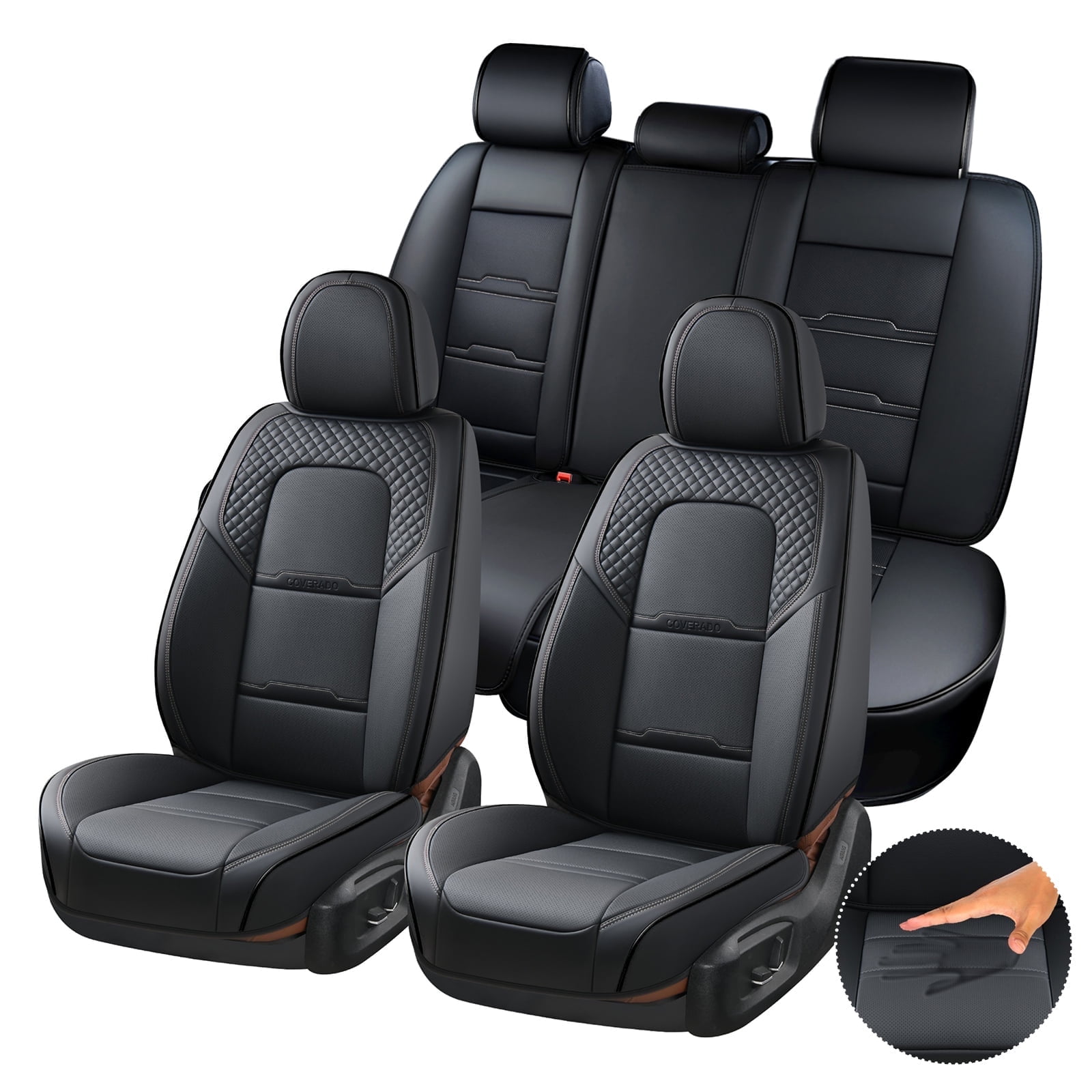 Coverado Car Seat Covers Full Set, Breathable Faux Leather Seat Protectors, Comfortable&Durable, Auto Cushion Universal Fit for Most Cars, Black