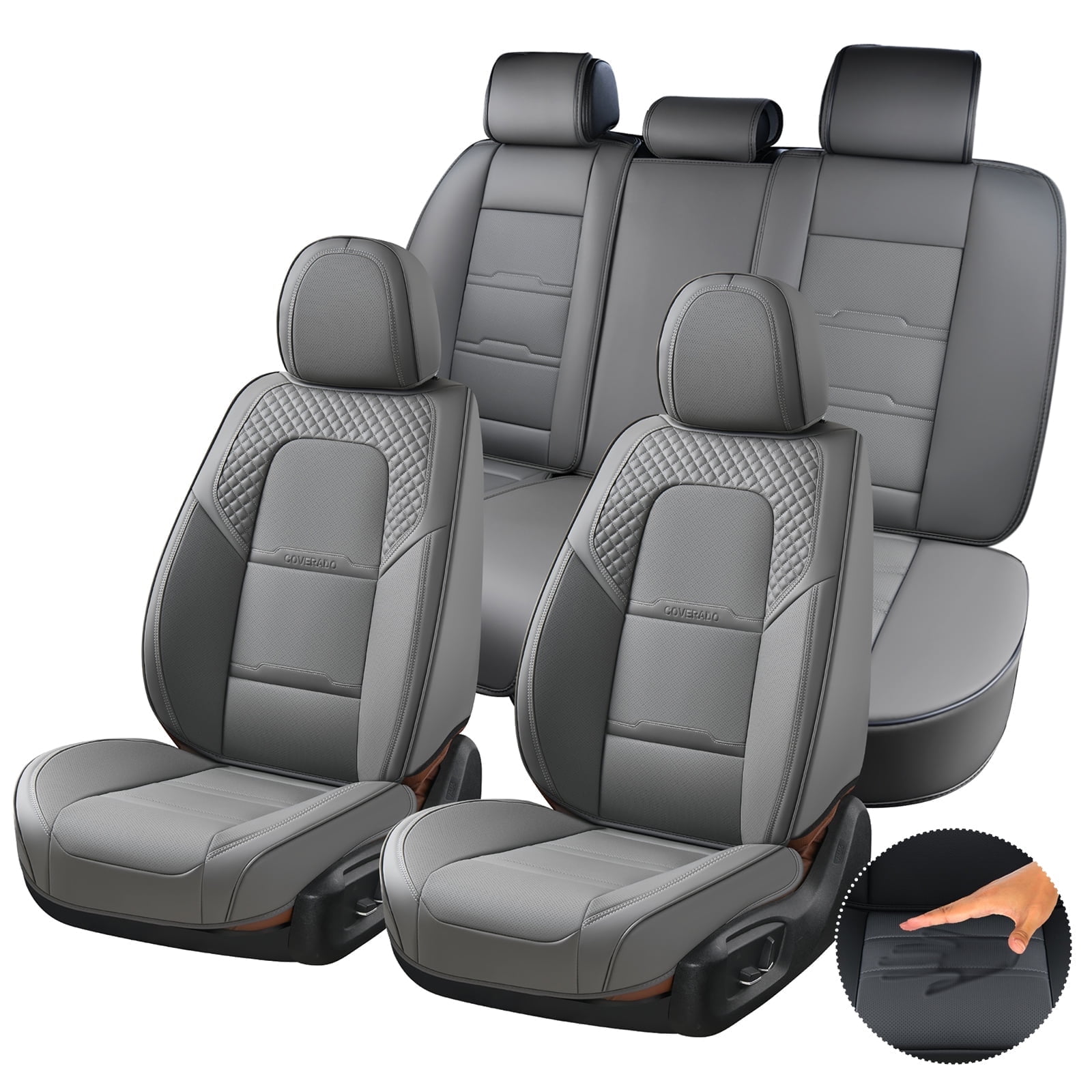 Coverado Car Seat Covers Full Set, Breathable Faux Leather Seat Protectors, Comfortable&Durable, Auto Cushion Universal Fit for Most Cars, Gray