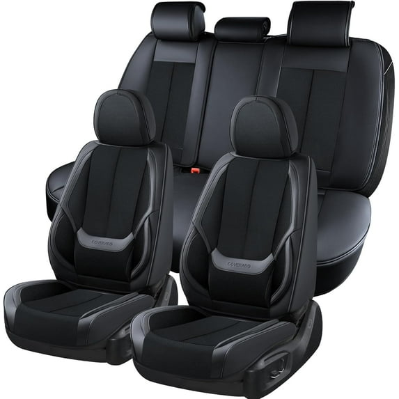 Coverado Car Seat Covers Full Set, Black Breathable Fabric &Leather Front and Rear Car Seat Protectors, Universal Auto Cushions Compatible with Most Sedans SUV Pick-up Truck