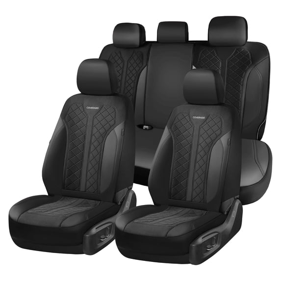 Coverado Car Seat Covers Full Set, Luxury Faux Leather Seat Protectors, Universal Fit for Cars, SUVs, Trucks-Black