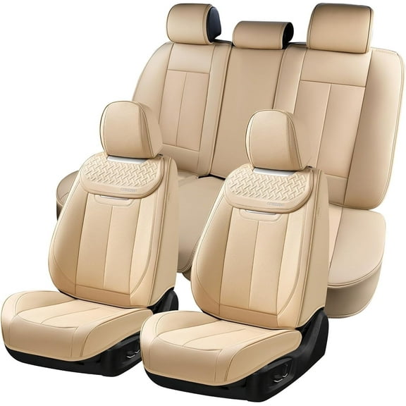 Coverado Car Seat Covers Full Set, Luxury Leather Front and Back Seat Protectors, Automotive Interior Cushions Universal Fit Most Cars, Beige