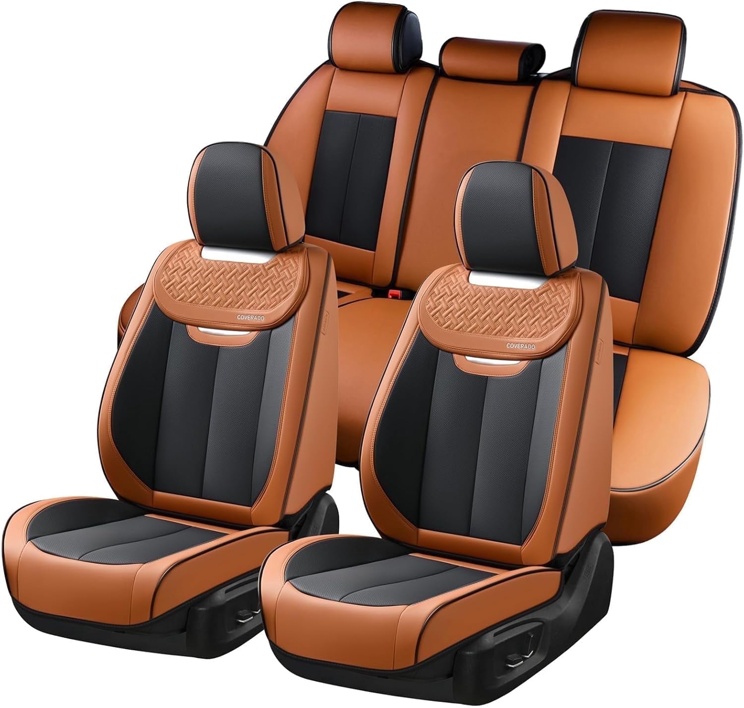 Coverado Car Seat Covers Full Set, Luxury Leather Front and Back Seat Protectors, Automotive Interior Cushions Universal Fit Most Cars, Black&Brown