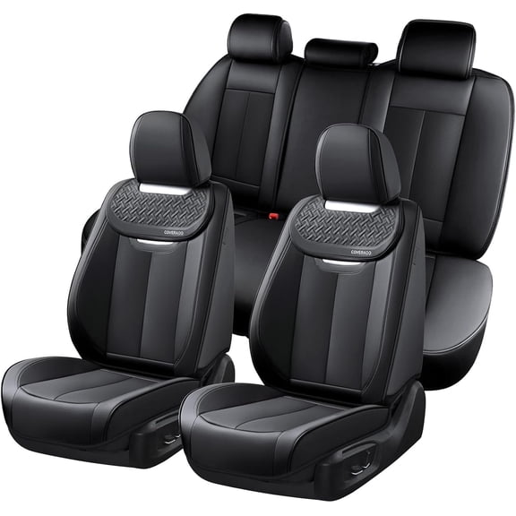 Coverado Car Seat Covers Full Set, Luxury Leather Front and Back Seat Protectors, Automotive Interior Cushions Universal Fit Most Cars, Black
