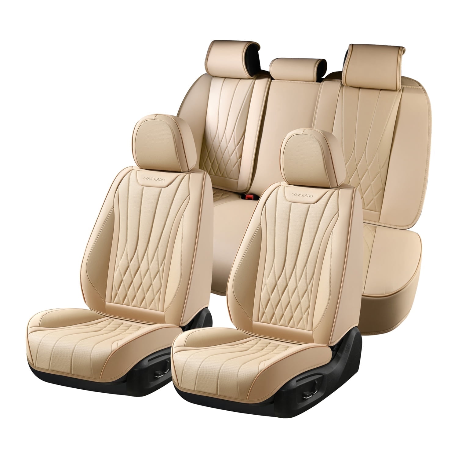 Coverado Car Seat Covers Full Set, Premium Leather Front and Rear Seat Protectors, Sleek Design Universal Fit for Most Cars, Beige