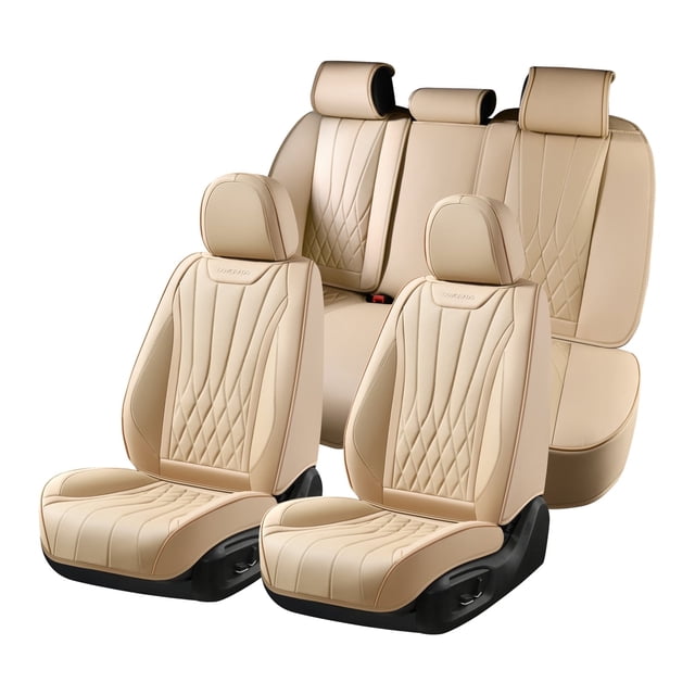 Coverado Car Seat Covers Full Set, Premium Leather Front and Rear Seat Protectors, Sleek Design Universal Fit for Most Cars, Beige