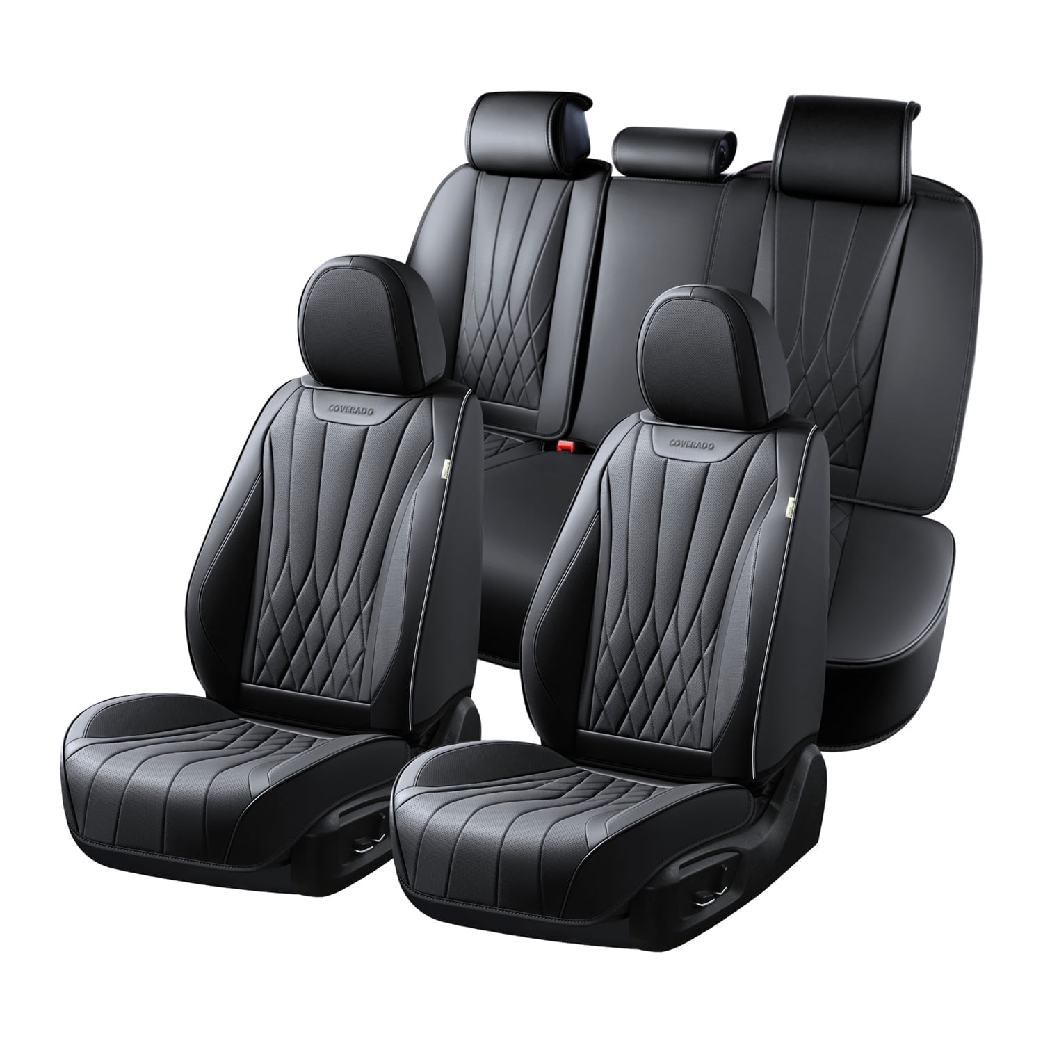 Coverado Car Seat Covers Full Set, Premium Leather Front and Rear Seat Protectors, Sleek Design Universal Fit for Most Cars, Black