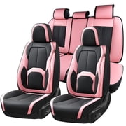 Coverado Car Seat Covers Full Set, Premium Leather Seat Protectors with Lumbar Support, Waterproof Auto Cushions Universal Fit for Most Cars, Black & Pink