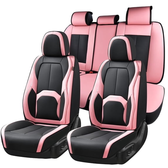 Coverado Car Seat Covers Full Set, Premium Leather Seat Protectors with Lumbar Support, Waterproof Auto Cushions Universal Fit for Most Cars, Black & Pink
