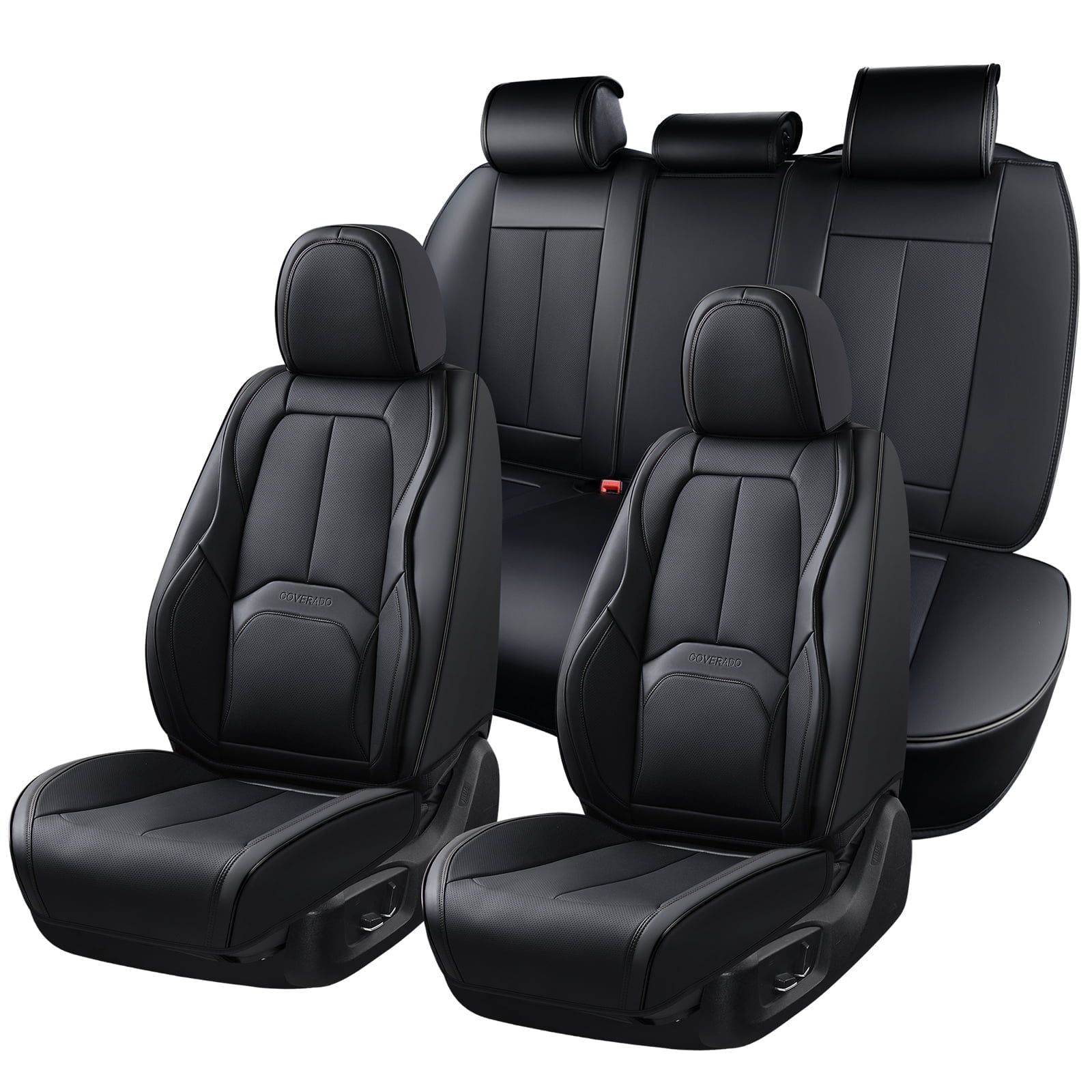 Coverado Car Seat Covers Full Set, Premium Leather Seat Protectors with Lumbar Support, Waterproof Auto Cushions Universal Fit for Most Cars, Black