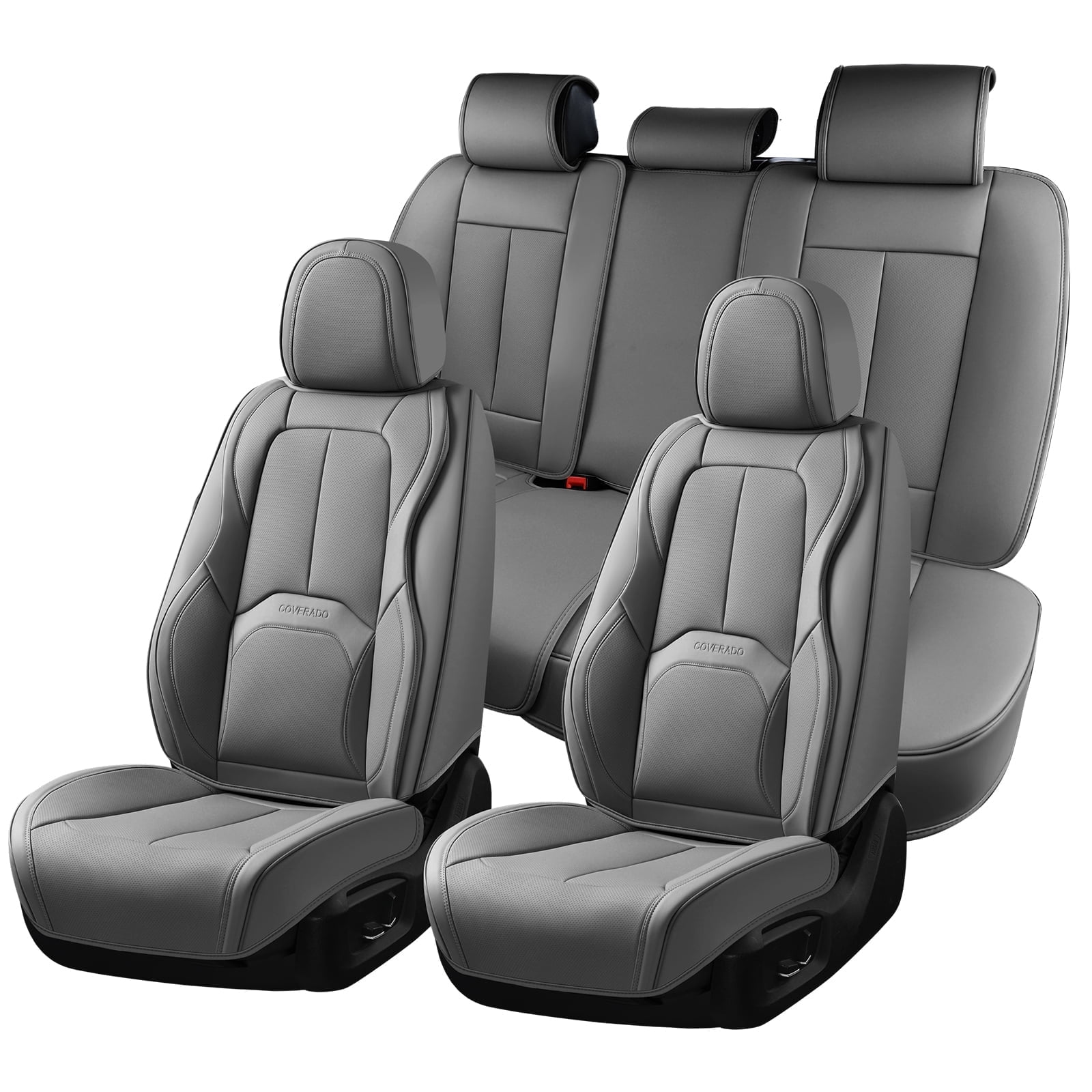 Coverado Car Seat Covers Full Set, Premium Leather Seat Protectors with Lumbar Support, Waterproof Auto Cushions Universal Fit for Most Cars, Gray