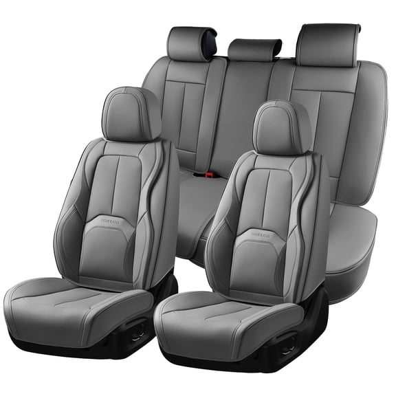 Coverado Car Seat Covers Full Set, Premium Leather Seat Protectors with Lumbar Support, Waterproof Auto Cushions Universal Fit for Most Cars, Gray