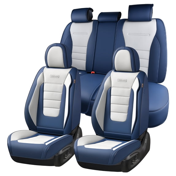 Coverado Car Seat Covers Full Set, Stylish Faux Leather Front and Back Seat Protectors, Automotive Interior Accessories Universal Fit for Most Cars, Blue & White