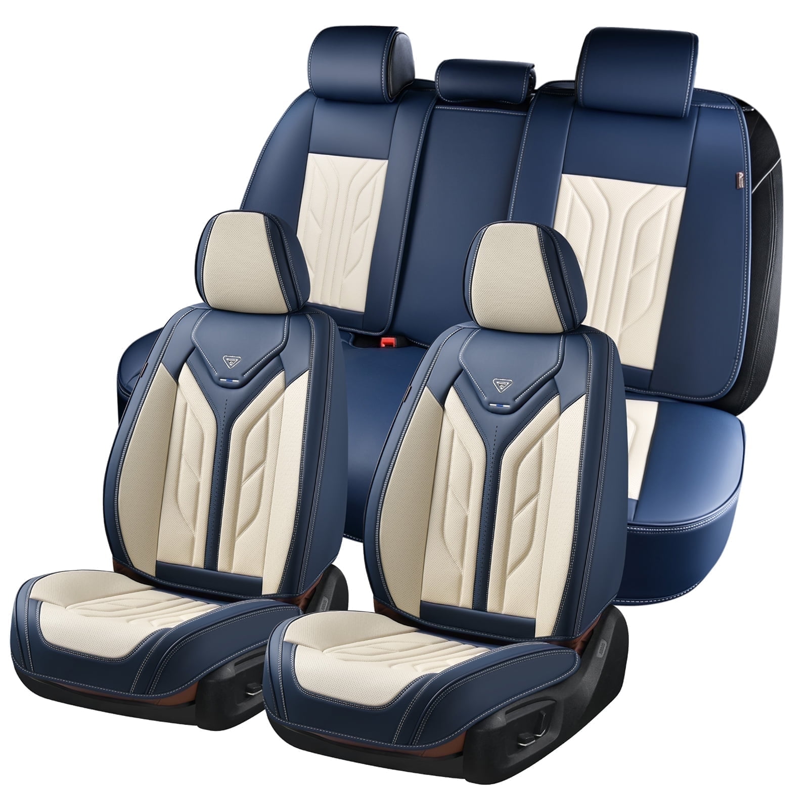 Coverado Car Seat Covers Full Set, Waterproof Airbag Compatible Faux Leather Front and Back Car Seat Protectors, Universal Fit for Most Sedans SUV Pick-up Truck, Blue&Beige