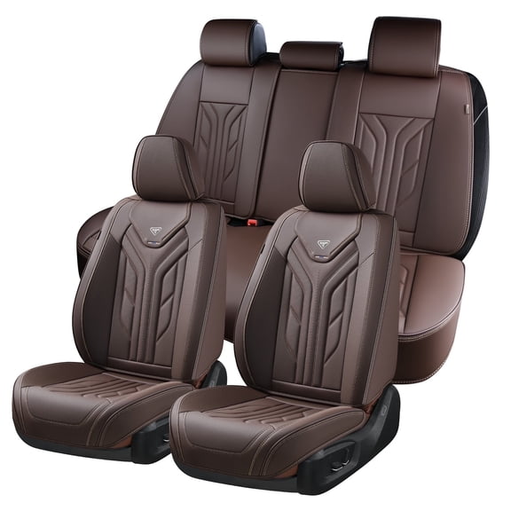 Coverado Car Seat Covers Full Set, Waterproof Airbag Compatible Faux Leather Front and Back Car Seat Protectors, Universal Fit for Most Sedans SUV Pick-up Truck, Coffee