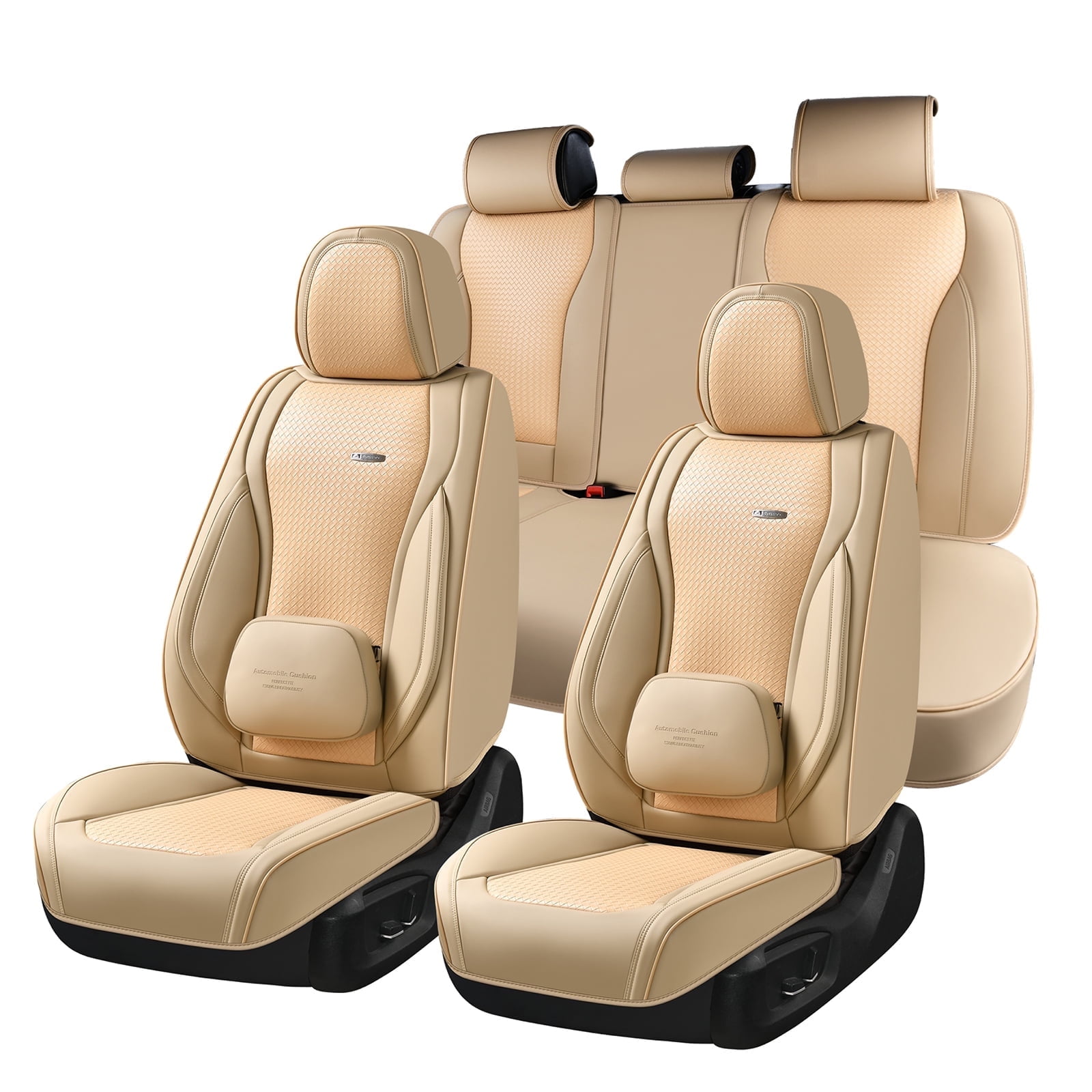 Coverado Car Seat Covers Full Set, Waterproof High-grade Leather Seat Protectors with Lumbar Support, Auto Cushions Universal Fit for Most Cars SUV Trucks, Beige