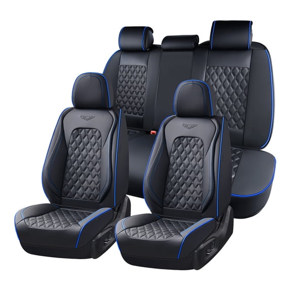 Coverado Car Seat Covers FullSet, Luxury Leather Front and Back Seat Protectors, Comfortable Auto Interior Cushions Universal Fit for Most Cars, SUVs and Trucks, Black&BlueLine