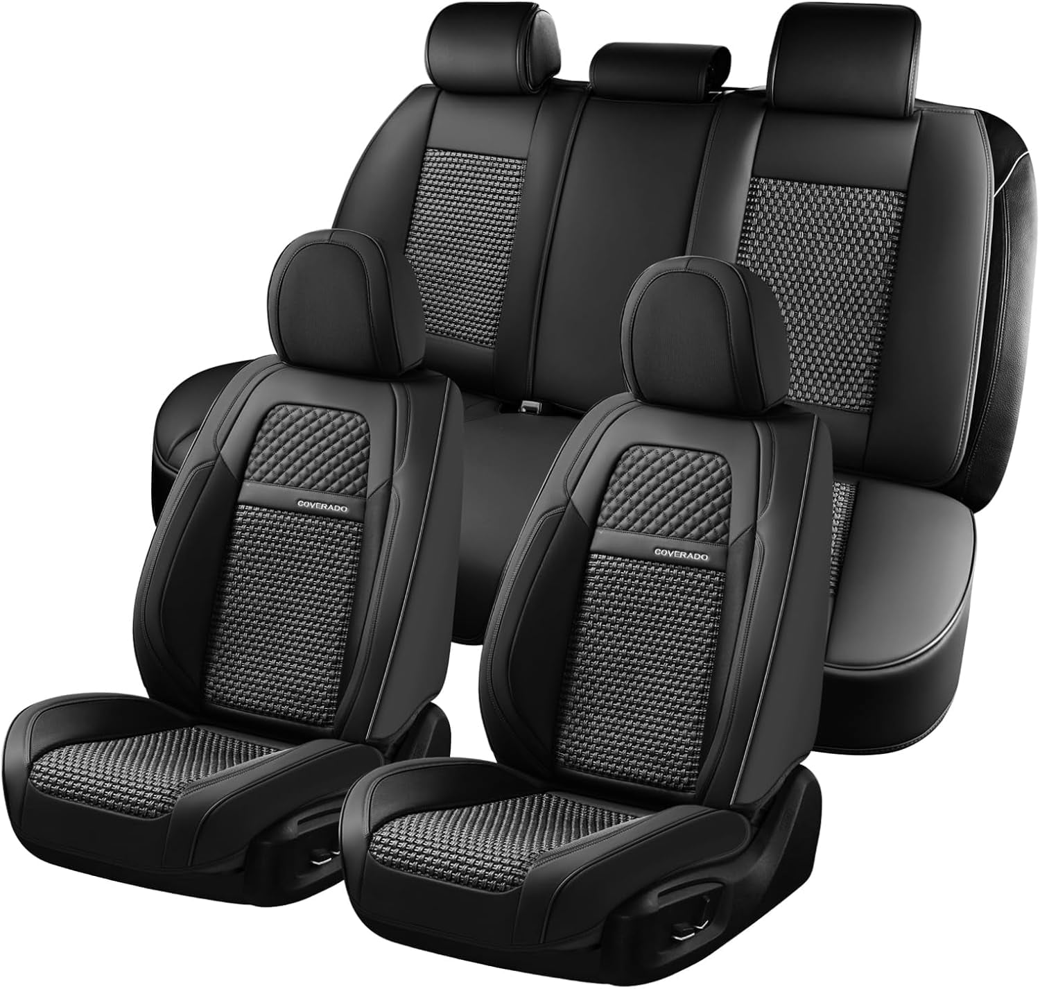 Black Faux Leather and Woven Fabric Car Seat Covers Full Set